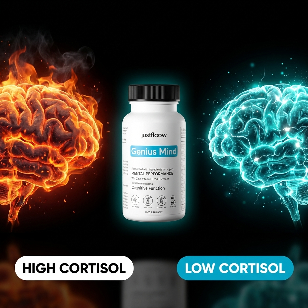 High-cortisol brain on the left, Genius Mind product bottle in the centre, low-cortisol brain on the right